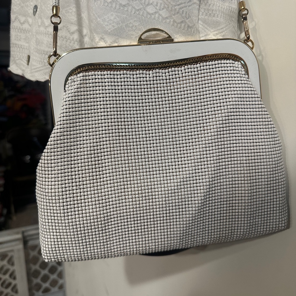 Glomesh Vintage Bone Mesh White and Gold Women's Crossbody Clutch Bag